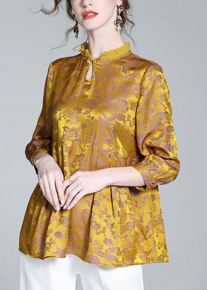 Gold Stand Collar Print Button Silk Tops Long Sleeve