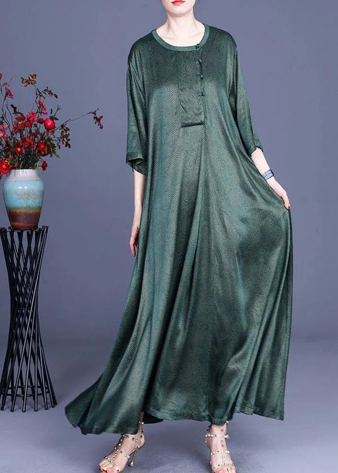 Natural Green Asymmetrical Button Summer Silk Summer Dresses