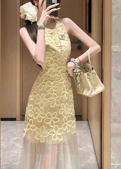 Slim Fit Yellow O-neck Tulle Patchwork Lace Long Dresses Sleeveless