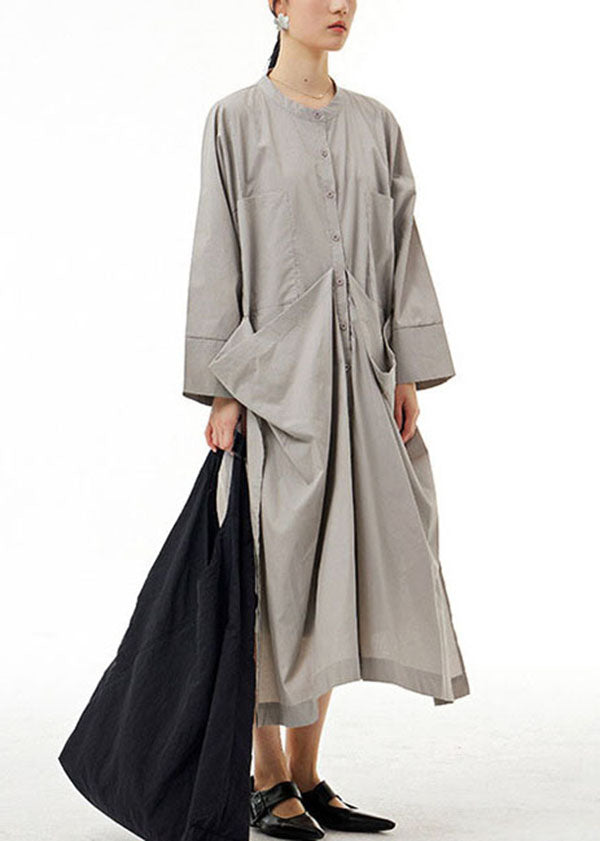 Organic Grey Pockets Wrinkled Patchwork Cotton Dress Spring