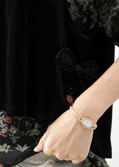 Unique Black Chinese Button Silk Velour Vests and Chiffon Shirts Two-piece Set Fall