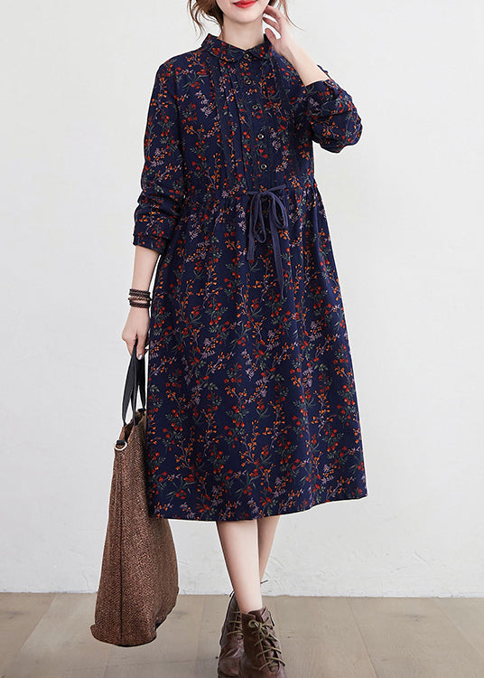 Tibetan Blue Stand Collar Drawstring Print Dress Long Sleeve