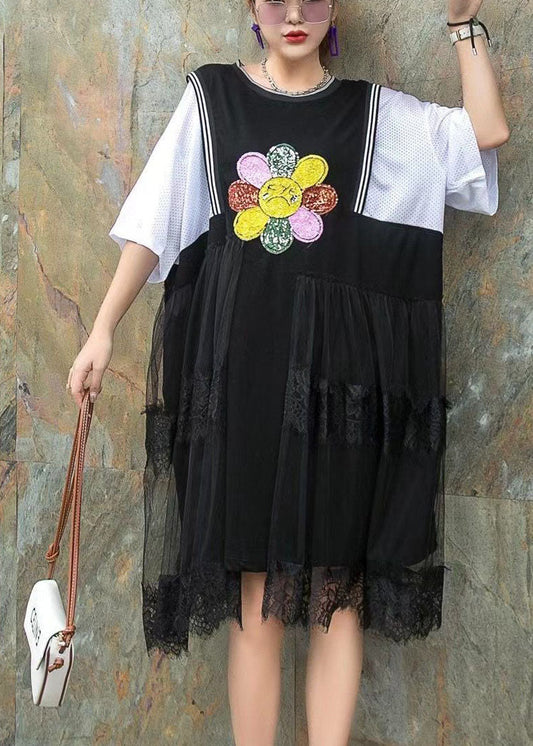 Black Nail Bead Print Asymmetrical Design Patchwork Fall Mid Dress Half Sleeve
