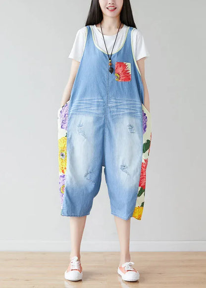 Light Blue Oversized Patchwork Print Cotton Denim Jumpsuits Summer