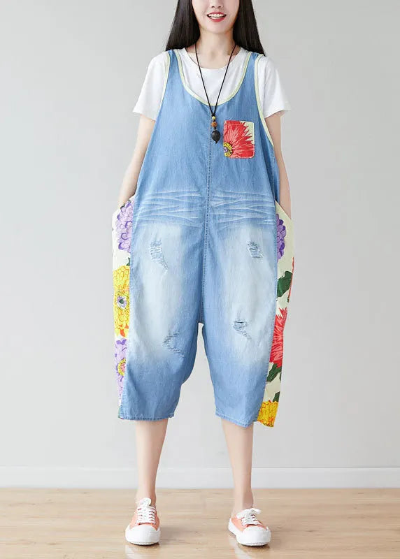 Light Blue Oversized Patchwork Print Cotton Denim Jumpsuits Summer