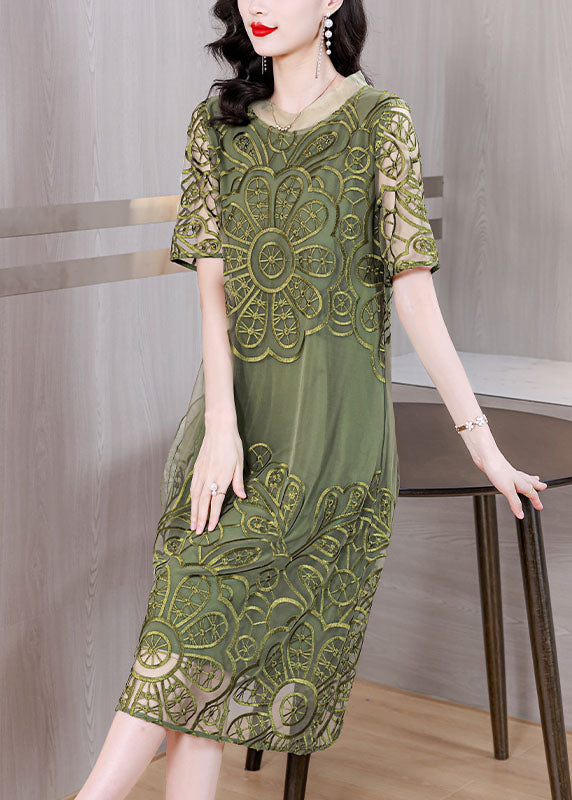 Green Embroideried Ruffled Tulle Long Dresses Short Sleeve