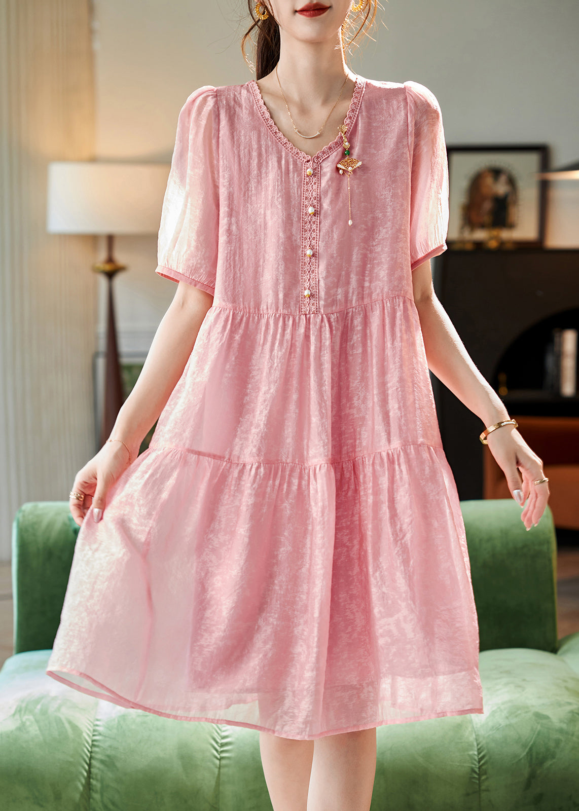 Pink V Neck Lace Patchwork Chiffon Long Dresses Short Sleeve Summer