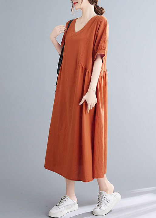 Orange Patchwork Cotton Holiday Dress Wrinkled Short Sleeve