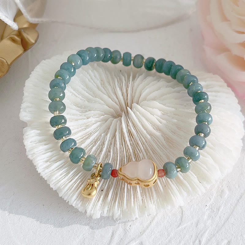 Buddha Stones Natural Hetian Jade Pearl Peace Buckle Fu Character Gourd Money Bag Strawberry Quartz Pixiu Luck Bracelet