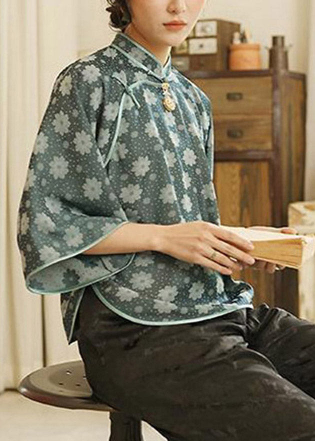 Ink Blue Mandarin Collar Jacquard Silk Shirt Top Three Quarter Sleeve