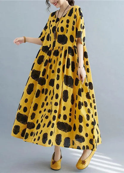 Style Yellow Loose O-neck Print Summer Cotton Dress Half Sleeve