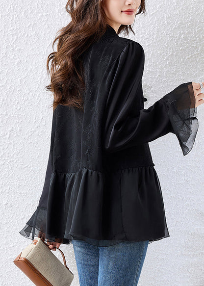 Black Chinese Button Patchwork Silk Shirt Tops Flare Sleeve