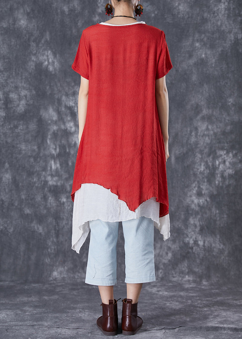 Red O-neck Asymmetrical Linen Two Pieces Set Summer