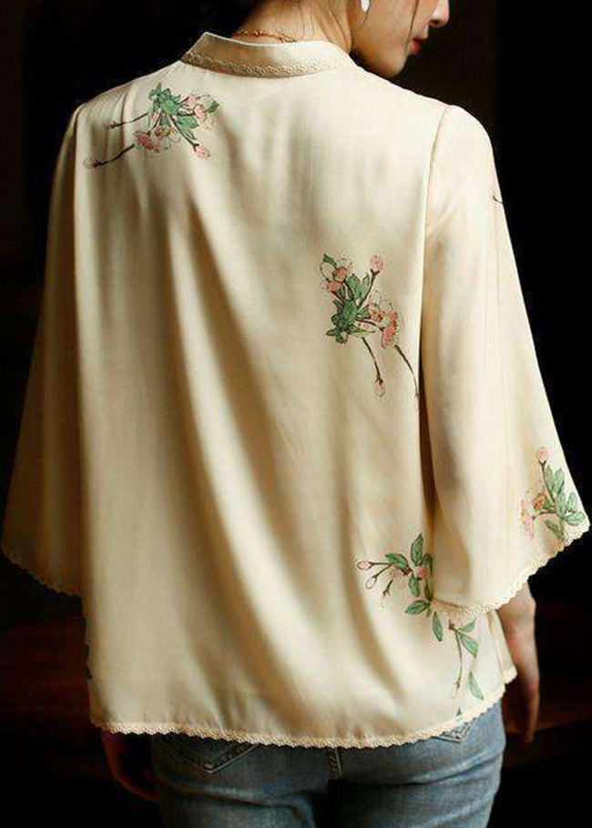 Beige Mandarin Collar Side Open Print Silk Top Long Sleeve