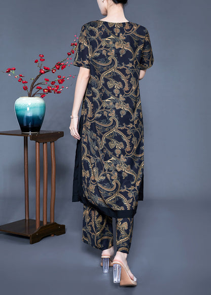 Black V Neck Side Open Print Silk Two Pieces Set Summer