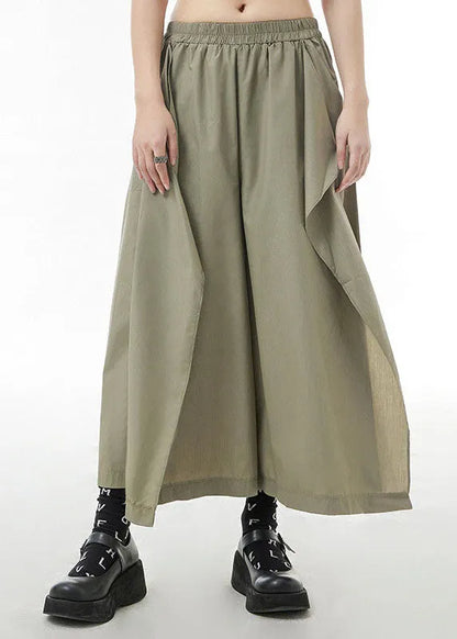 Army Green Elastic Waist Side Open Pants Skirt Spring