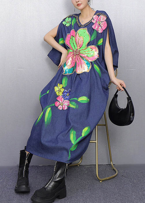 Style Blue Nail Bead Denim Holiday Dress Summer
