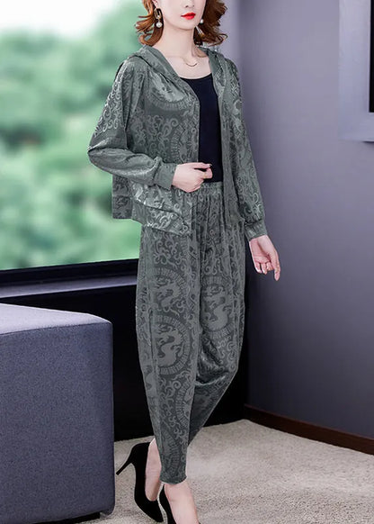 Loose Grey Print Silk Velour Coats and Harem Pants Two Pieces Set Fall