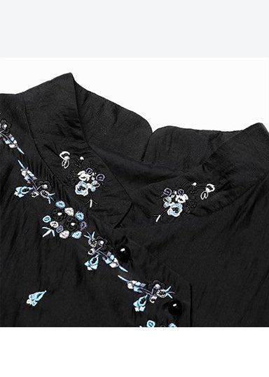 Black Mandarin Collar Embroidered Cotton Tops Fall