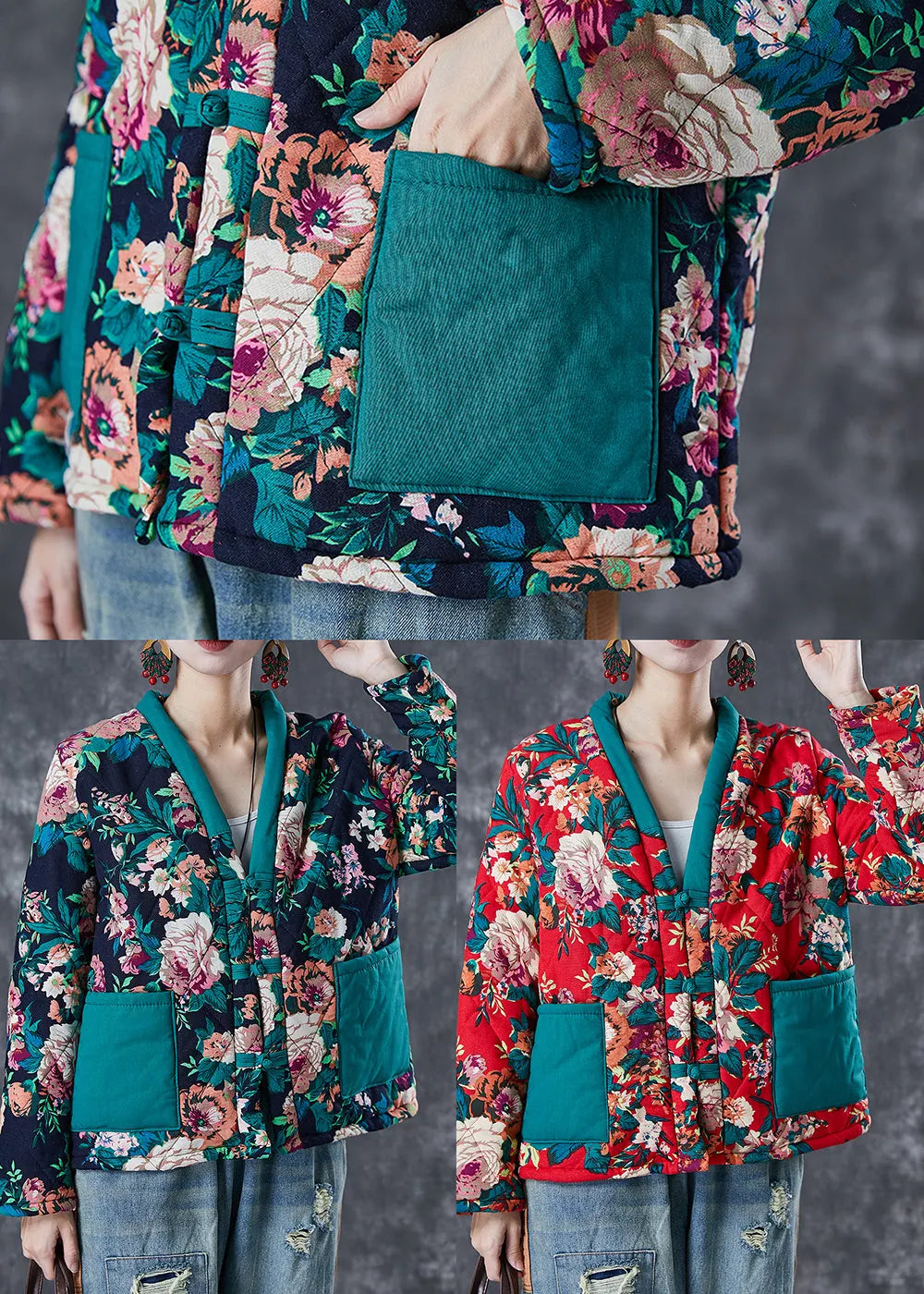 Red Print Patchwork Fine Cotton Filled Jacket Pockets in Winter