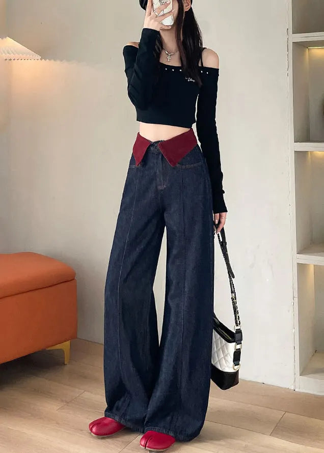 Navy High Waist Patchwork Denim Straight Pants Spring