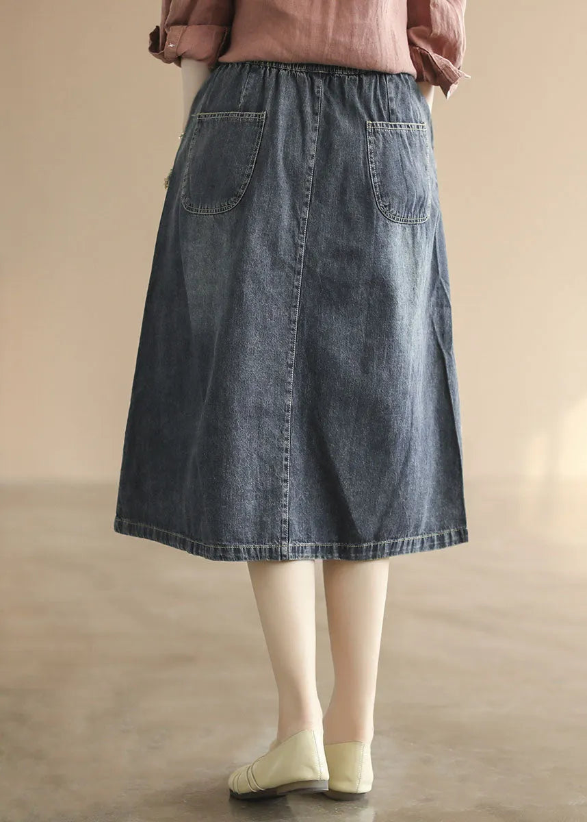 Dark Blue Elastic Waist Embroideried Cotton Denim Ripped Skirts Summer
