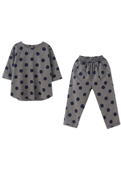 Black O-neck Button Plaid Dot Cotton Top Elastic Waist Pants Two Pieces Set Half Sleeve