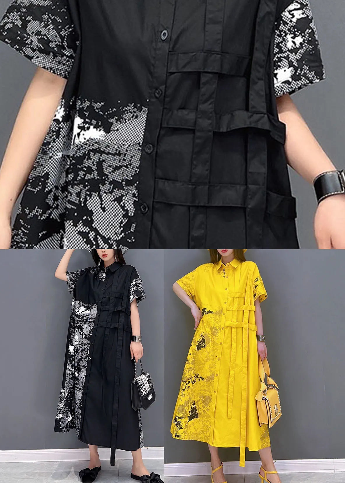 Black Peter Pan Collar Print Cotton Shirt Dress Short Sleeve