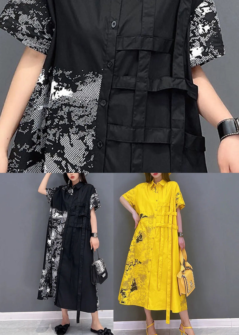 Black Peter Pan Collar Print Cotton Shirt Dress Short Sleeve