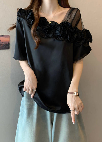 Black One Shoulder Shirt Ruffled Summer