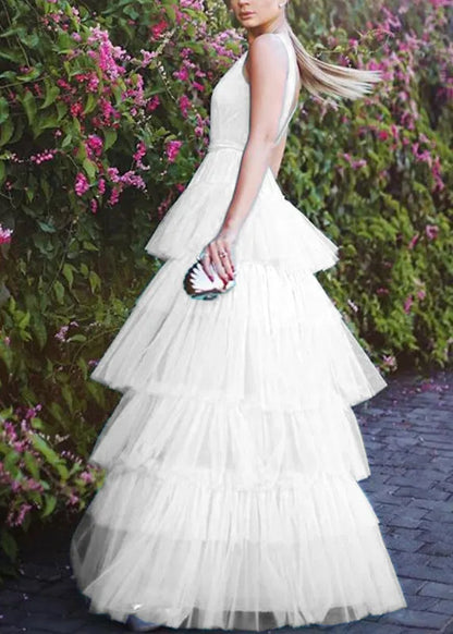 New White V Neck Tulle Maxi Dresses Sleeveless
