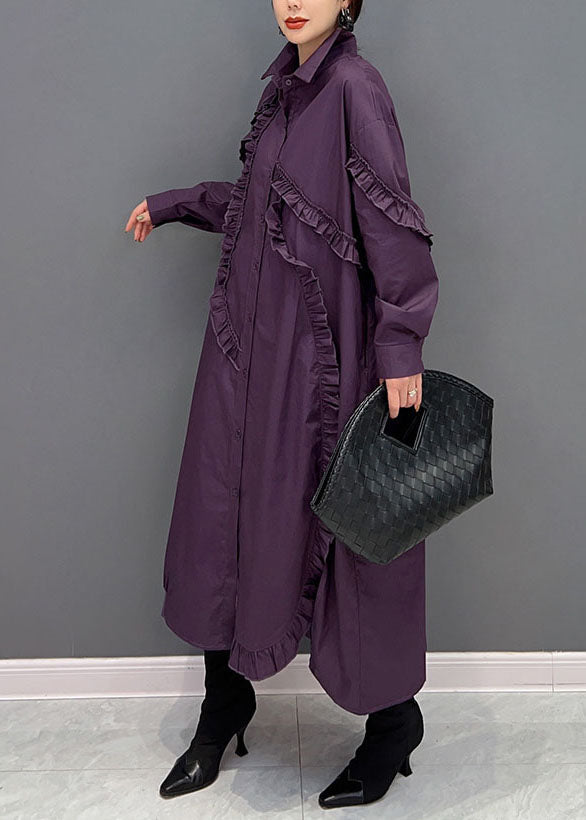 Purple Peter Pan Collar Ruffled Cotton Long Dress Spring