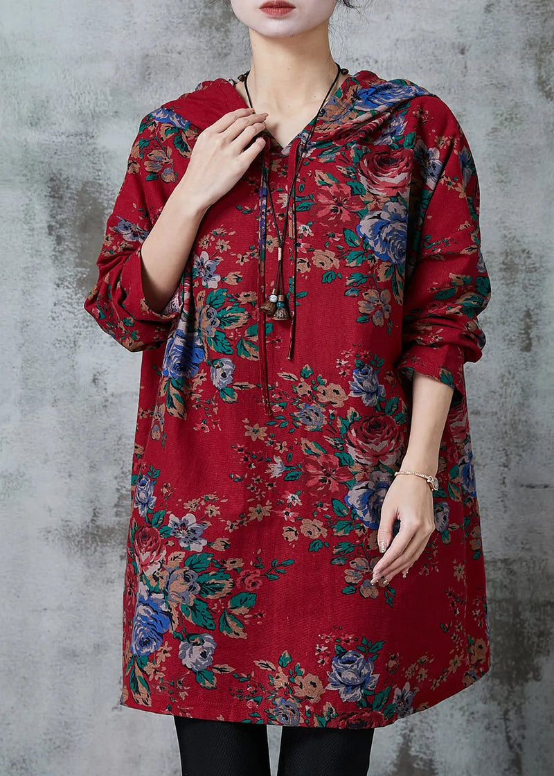 Red Oversized Print Cotton Loose Sweatshirts Dress Spring