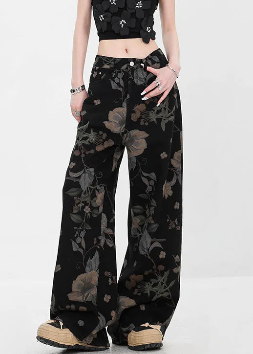 Black Pockets High Waist Denim Fall Wide Leg Pants Print