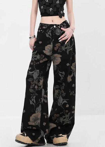 Black Pockets High Waist Denim Fall Wide Leg Pants Print