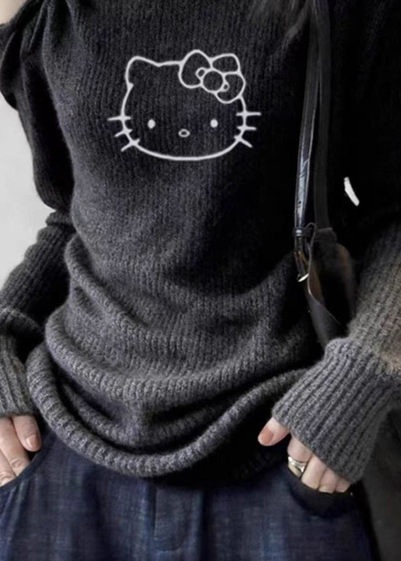 Dark Grey Cold Shoulder Print Cotton Knit Sweater Tops Spring