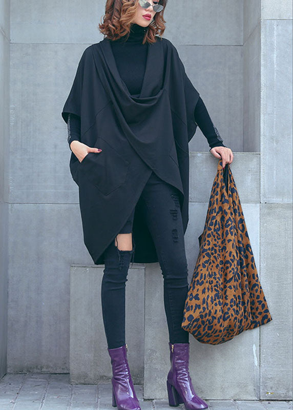 Loose Black Bat Wing Sleeve Pockets Asymmetrical Design Fall Tops
