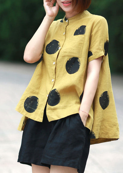 Blue Dot Print Patchwork Linen Top Button Stand Collar Summer