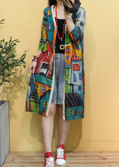 Beige V Neck Print Side Open Fall Knit Long Sleeve Cardigans