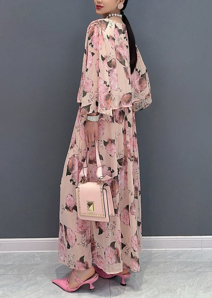 Classy Pink O Neck Print Chiffon Two Piece Set Clothing Summer