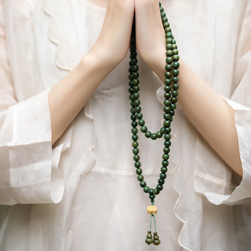 108 Wood Mala Beads Bracelet Green Sandalwood Lotus Beads