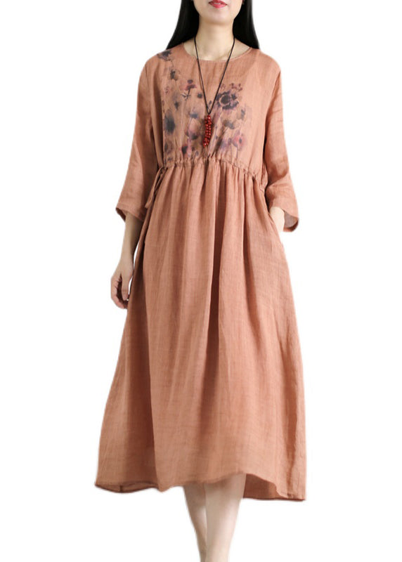 Red O-neck Drawstring Print Linen Dresses Long Sleeve
