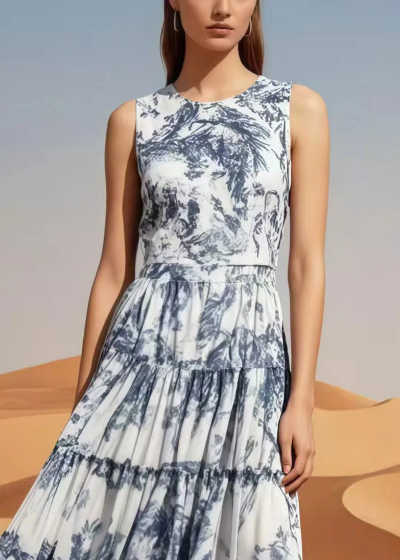 Exra Large Hem Print Chiffon Long Dress Sleeveless