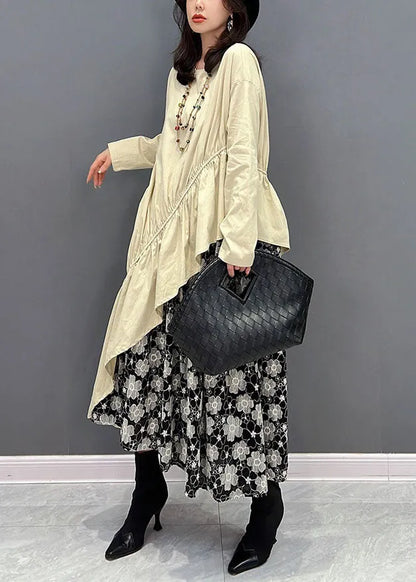 Beige O-neck Asymmetrical Patchwork Ruffles Dresses Fall