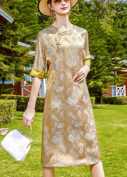 Purple Jacquard O-neck Print Silk Chinese Style Dress Half Sleeve