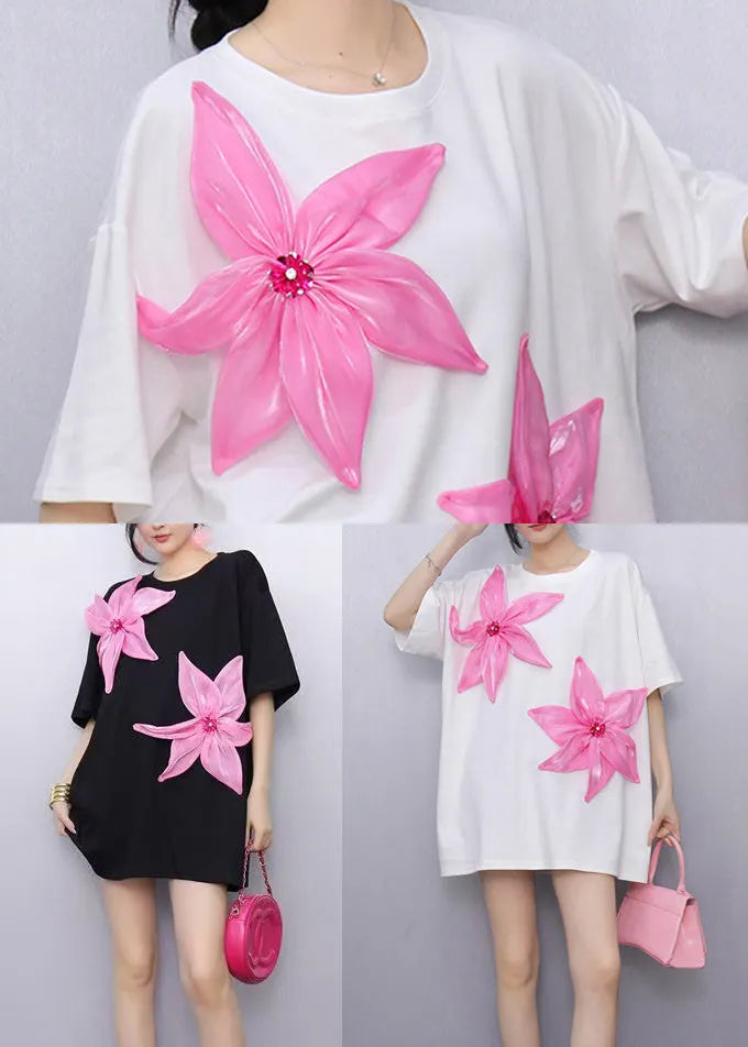 Black Oversized Decorated Cotton Tops Summer