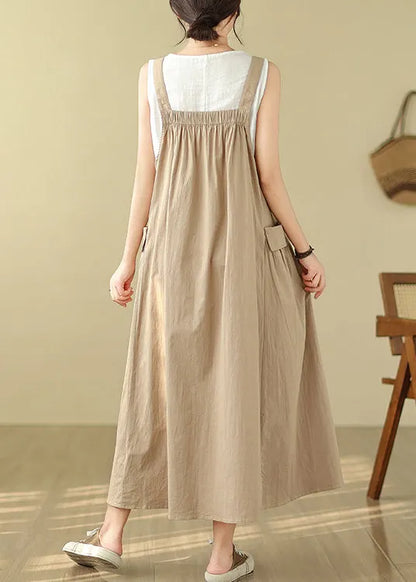 Style Khaki Oversized Pockets Cotton Cami Dress Summer