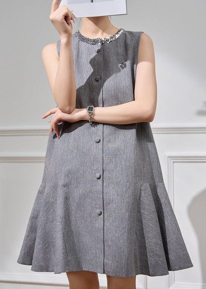 Fine Grey O-neck Butto Vacation Mid Dress Short Sleeve