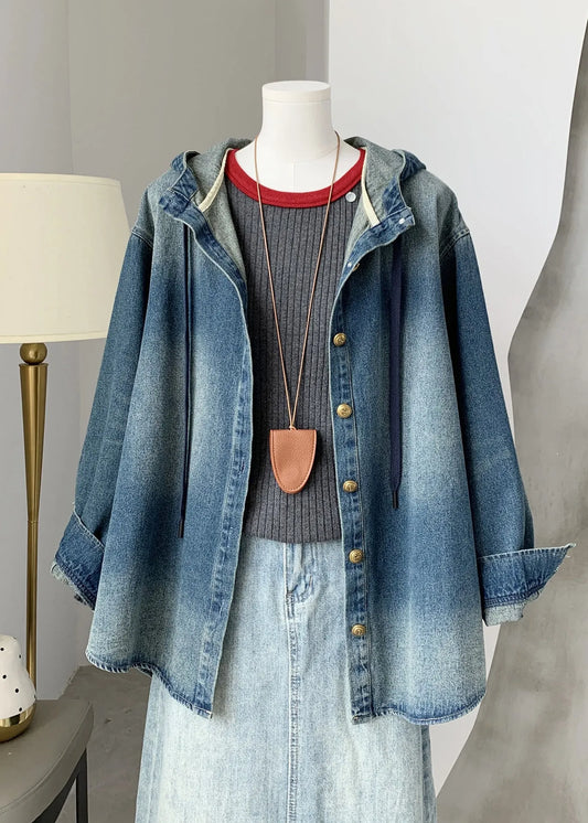 Blue Button Denim Hooded Coat Fall