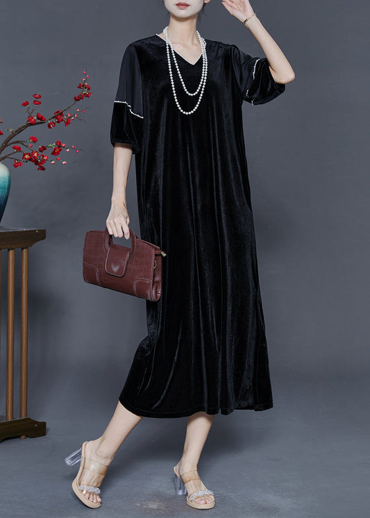 Black Oversized Side Open Silk Velour Party Dress Summer